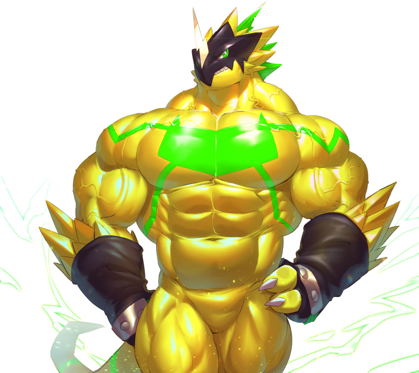 abs absurd_res anthro biceps bulkmon claws clothing digimon digimon_(species) electricity gloves handwear hi_res horn male mask muscular muscular_anthro muscular_male pecs solo teeth vein veiny_muscles vorusuarts yellow_body