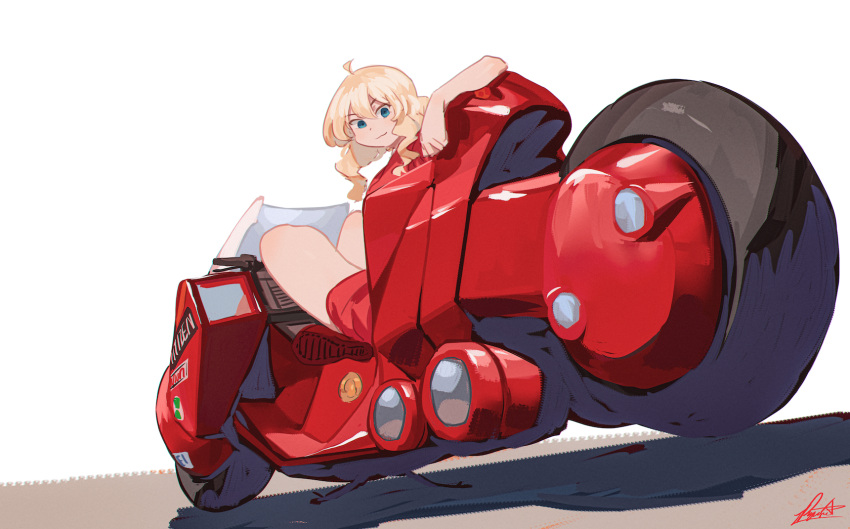 1girl :3 ahoge akira blonde_hair blue_eyes closed_mouth commentary english_commentary florida-chan_(ryusei_hashida) from_behind ground_vehicle highres kaneda_shoutarou's_bike looking_at_viewer looking_back motor_vehicle motorcycle red_footwear ryusei_hashida sidelocks simple_background smile solo white_background