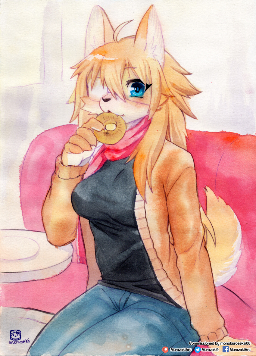 absurd_res anthro biped blush bottomwear breasts canid canine canis cheek_tuft clothed clothing dessert domestic_dog doughnut eating eye_patch eyewear facial_tuft female food fully_clothed fur hair herding_dog hi_res inner_ear_fluff inside jacket long_hair looking_at_viewer mammal murazaki painting_(artwork) pants pastoral_dog scarf shirt sitting solo topwear traditional_media_(artwork) tuft watercolor_(artwork) welsh_corgi