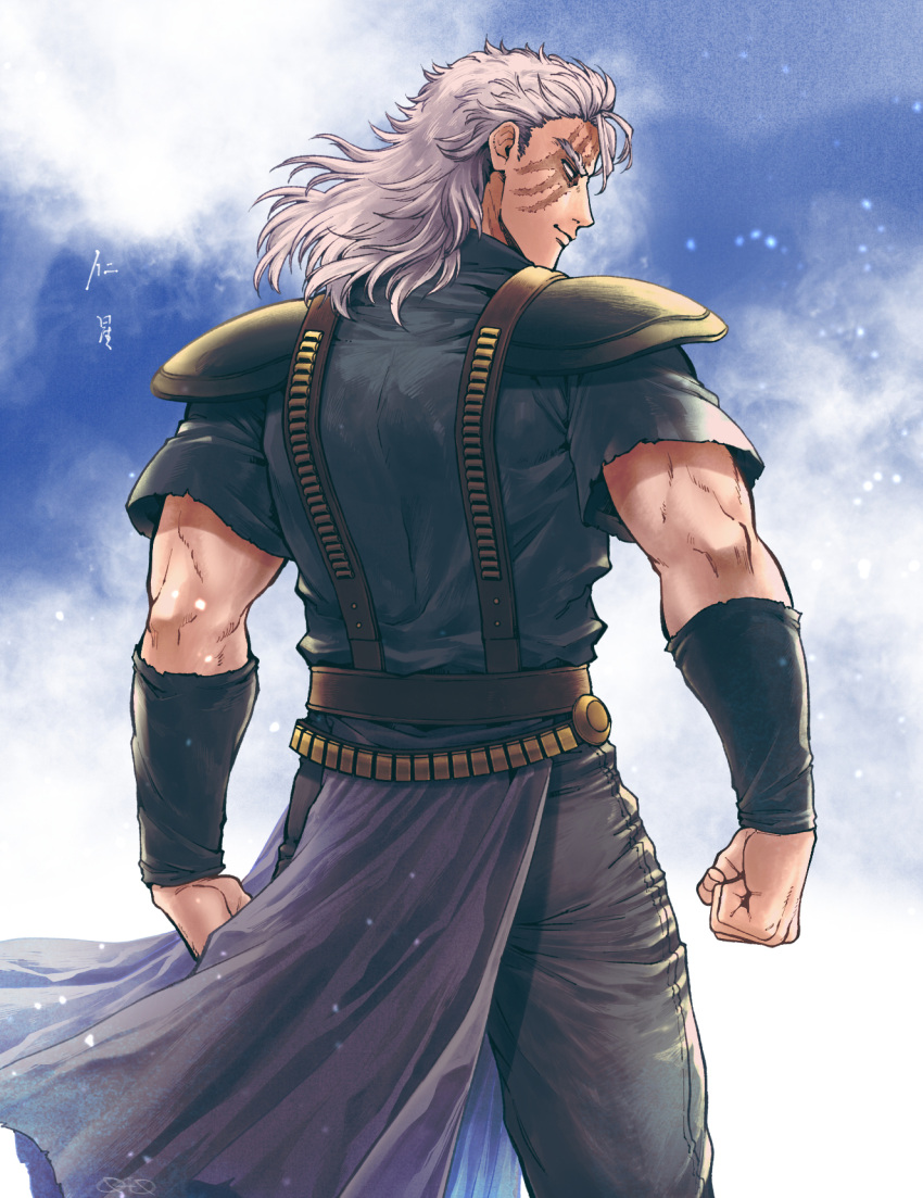 040shao 1boy back bangs belt black_pants black_shirt blue_background brown_belt cape clenched_hand closed_mouth commentary cowboy_shot highres hokuto_no_ken looking_to_the_side male_focus medium_hair mullet muscular muscular_male pants purple_cape scar scar_across_eye shirt short_sleeves shoulder_pads shuu_(hokuto_no_ken) smile solo waist_cape white_hair