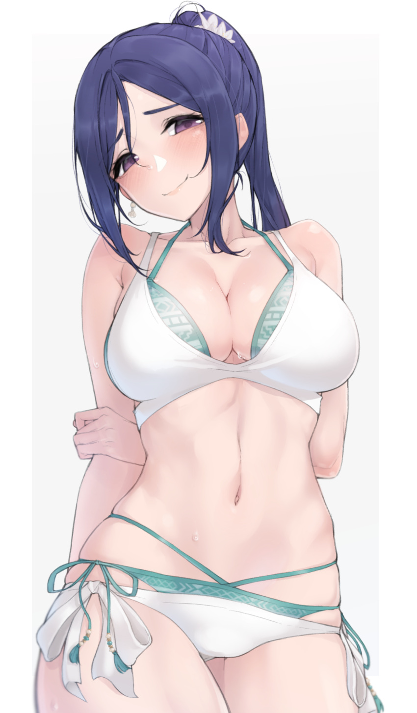 1girl aqua_ribbon arms_behind_back bangs bare_arms bare_shoulders bikini blush border breasts cleavage closed_mouth cowboy_shot eyebrows_visible_through_hair grey_background hand_on_own_arm head_tilt highres large_breasts long_hair looking_at_viewer love_live! love_live!_sunshine!! matsuura_kanan multi-strapped_bikini nasuno_(nasuno42) navel outside_border parted_bangs ponytail purple_eyes purple_hair ribbon side-tie_bikini sidelocks simple_background smile solo stomach swimsuit white_bikini white_border white_ribbon