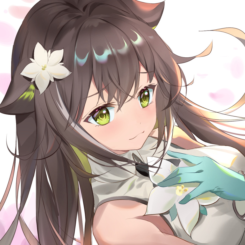 1girl :3 animal_ears aqua_gloves arknights bangs bare_shoulders black_neckwear breasts brown_hair eyebrows_visible_through_hair flower folinic_(arknights) gloves green_eyes hair_flower hair_ornament hand_on_own_chest hand_up highres long_hair looking_at_viewer medium_breasts necktie shirt sidelocks sleeveless sleeveless_shirt solo somna white_flower white_shirt