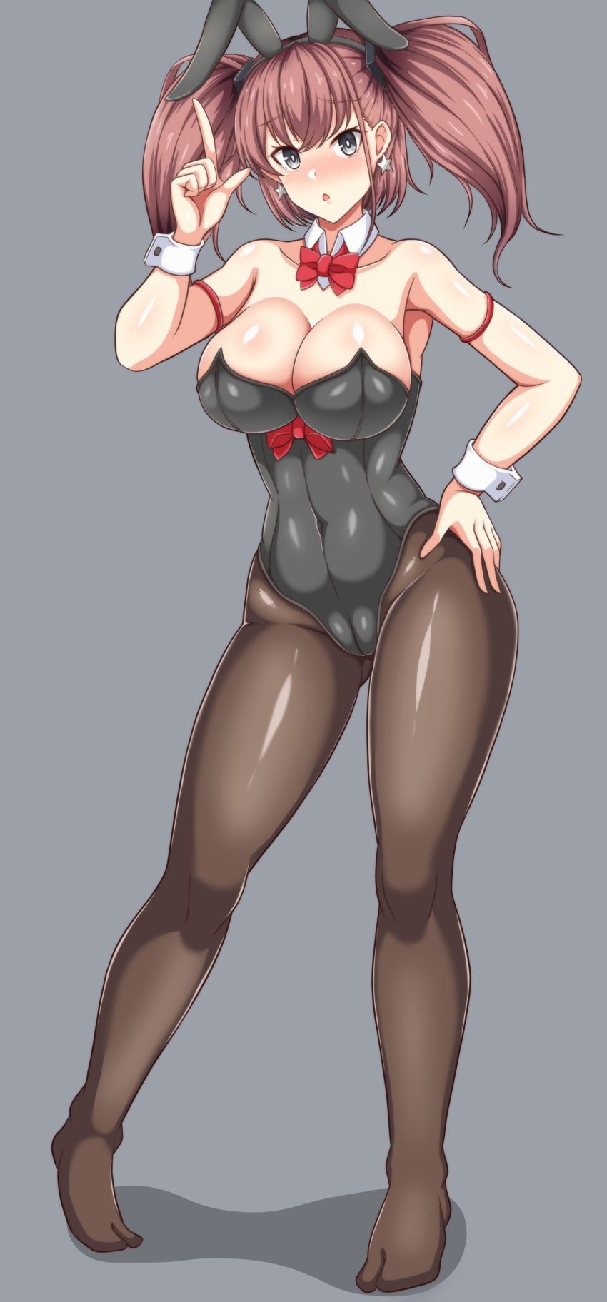 1girl absurdres alternate_costume animal_ears atlanta_(kancolle) black_legwear black_leotard bow bowtie breasts brown_hair bunny_ears cameltoe covered_navel detached_collar earrings fake_animal_ears full_body grey_eyes highres jewelry kantai_collection large_breasts leotard long_hair pantyhose pechita playboy_bunny red_neckwear solo standing star_(symbol) star_earrings strapless strapless_leotard two_side_up wrist_cuffs
