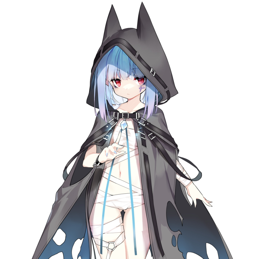 1girl bandaged_leg bandages bangs black_cloak blue_hair blue_nails blush cloak closed_mouth curled_horns eyebrows_visible_through_hair facial_mark fake_horns hood hood_up hooded_cloak horns long_hair looking_at_viewer nail_polish navel original pointy_ears red_eyes saru simple_background solo standing torn_cloak torn_clothes white_background