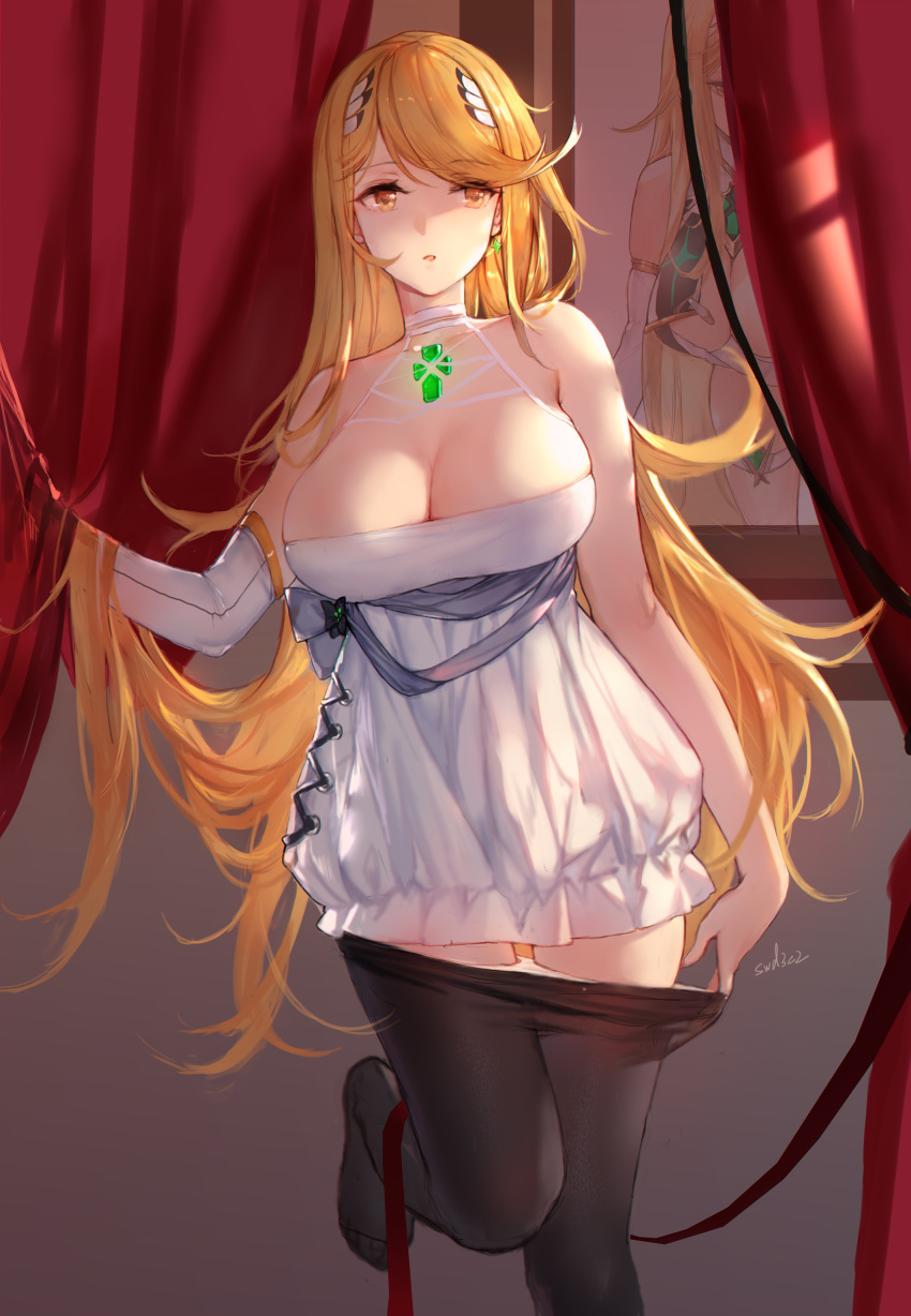 1girl absurdres bangs bare_shoulders black_legwear blonde_hair breasts chest_jewel cleavage commentary commentary_request curtains dress earrings eyebrows_visible_through_hair gloves highres jewelry large_breasts long_hair looking_to_the_side mythra_(xenoblade) pantyhose parted_lips poster_(object) single_glove swd3e2 swept_bangs white_dress xenoblade_chronicles_(series) xenoblade_chronicles_2 yellow_eyes