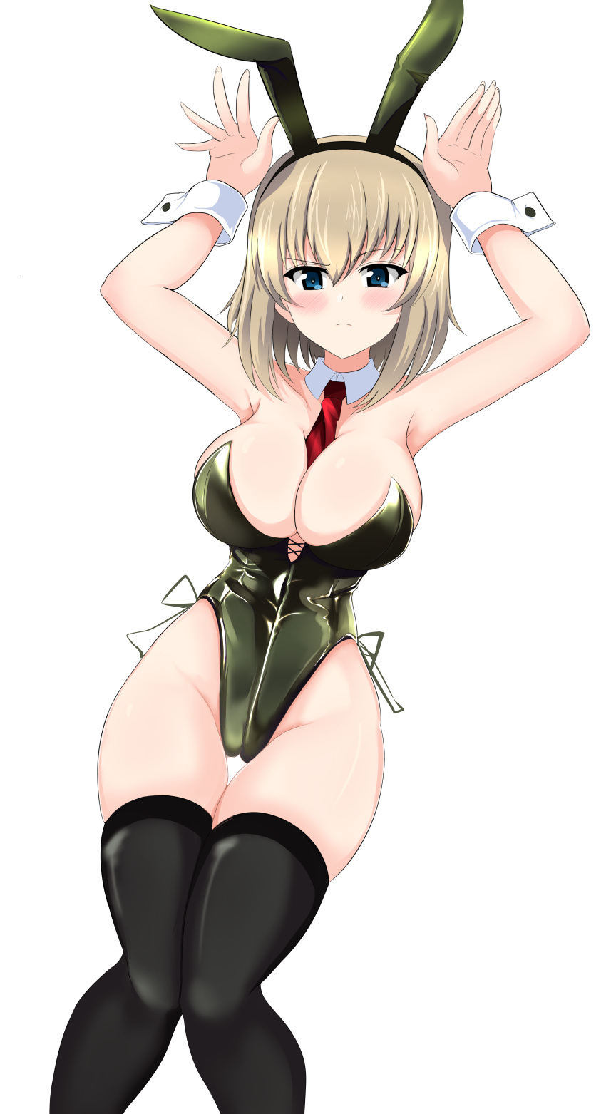 1girl absurdres aikir_(jml5160) alternate_costume animal_ears bangs between_breasts black_legwear blonde_hair blue_eyes bob_cut breasts bunny_ears detached_collar fake_animal_ears girls_und_panzer green_hairband green_leotard hairband highleg highleg_leotard highres katyusha_(girls_und_panzer) large_breasts leotard necktie necktie_between_breasts playboy_bunny red_neckwear short_hair side-tie_leotard solo strapless strapless_leotard thighhighs wrist_cuffs