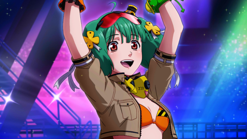 1girl :d ahoge arms_up bikini bikini_under_clothes breasts cropped_jacket game_cg green_hair hair_ornament macross macross_frontier official_art open_mouth ranka_lee red_eyes small_breasts smile solo swimsuit uta_macross_sumaho_deculture