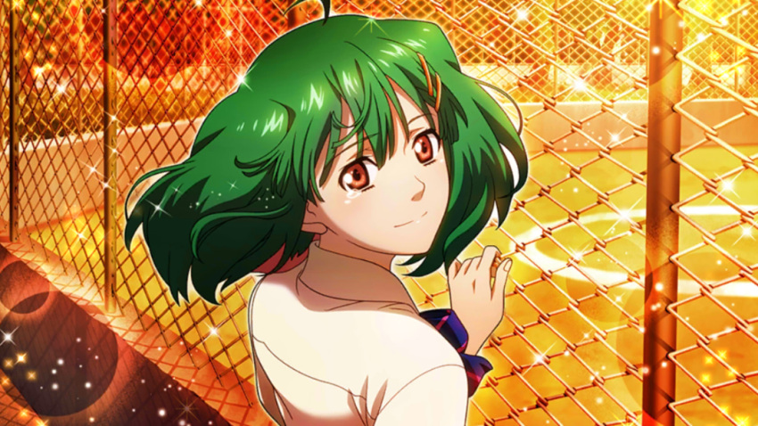 1girl chain-link_fence crying crying_with_eyes_open fence game_cg green_hair hair_ornament hairclip looking_back macross macross_frontier macross_frontier:_sayonara_no_tsubasa official_art outdoors ranka_lee red_eyes school_uniform short_hair smile solo sunset tears uta_macross_sumaho_deculture