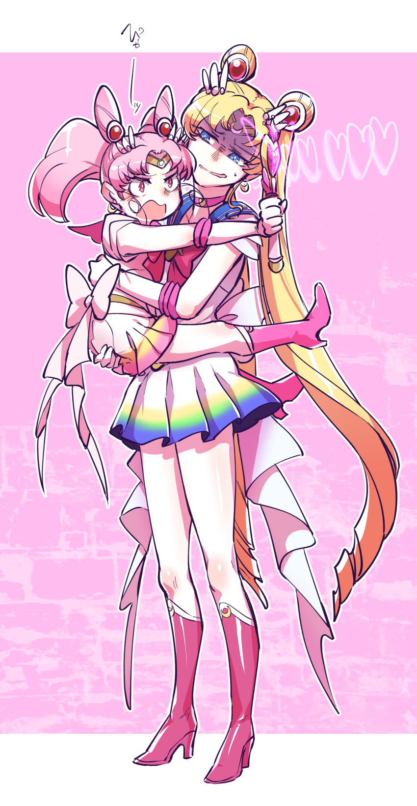 2girls absurdres bishoujo_senshi_sailor_moon blonde_hair blue_eyes carrying chibi_usa choker crescent crescent_earrings double_bun earrings full_body heart highres holding holding_wand jewelry long_hair looking_at_another magical_girl multicolored multicolored_clothes multicolored_skirt multiple_girls open_mouth pink_background pink_choker pink_eyes pink_hair sailor_chibi_moon sailor_moon sailor_senshi sailor_senshi_uniform short_hair skirt standing super_sailor_chibi_moon super_sailor_moon takatsuki_nato tsukino_usagi twintails two-tone_background wand white_background white_skirt