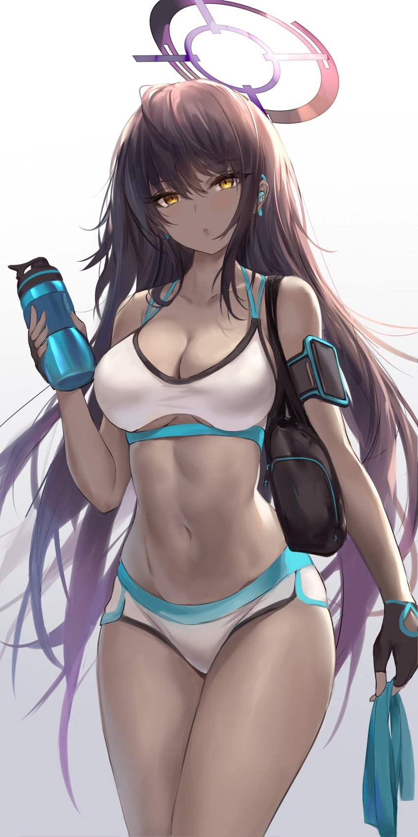 1girl :o absurdres ahoge airpods bag bangs bare_shoulders black_gloves blue_archive blush breasts brown_hair cleavage clothing_cutout collarbone cowboy_shot dark_skin dark_skinned_female eyebrows_visible_through_hair fingerless_gloves gloves gradient gradient_background gradient_hair halo highres holding holding_towel karin_(blue_archive) large_breasts long_hair looking_at_viewer multicolored_hair navel parted_lips pdxen purple_hair shorts shoulder_bag solo sports_bra stomach thighs towel underboob underboob_cutout very_long_hair white_background yellow_eyes