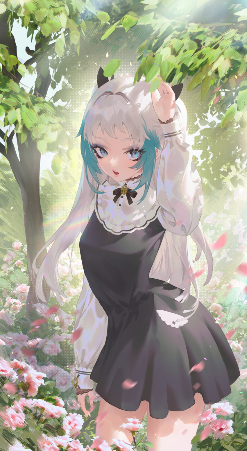 1boy absurdres aqua_hair backlighting black_dress black_ribbon blue_eyes cirilla collar collared_dress die_(ohisashiburi) dress eyebrows_visible_through_hair flower frilled_collar frills grey_hair hair_intakes hand_up highres lipgloss long_hair long_sleeves makeup open_mouth original otoko_no_ko ribbon sidelocks tree