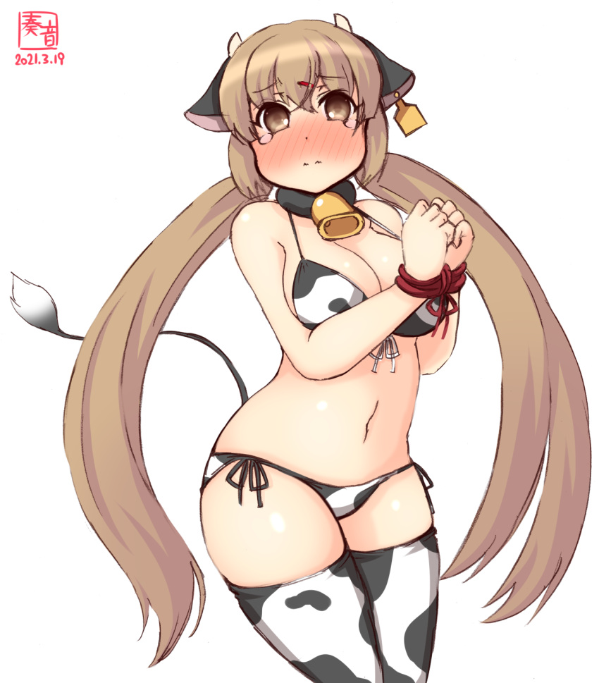 1girl alternate_costume animal_ears animal_print artist_logo bell bikini bound breasts brown_eyes brown_hair cleavage commentary_request cow_ears cow_horns cow_print cow_tail cowbell cowboy_shot dated ear_tag fake_animal_ears fake_horns front-tie_top highres horns kanon_(kurogane_knights) kantai_collection long_hair looking_at_viewer low_twintails medium_breasts one-hour_drawing_challenge side-tie_bikini simple_background solo swimsuit tail tashkent_(kancolle) thighhighs tied_up twintails white_background white_bikini white_legwear