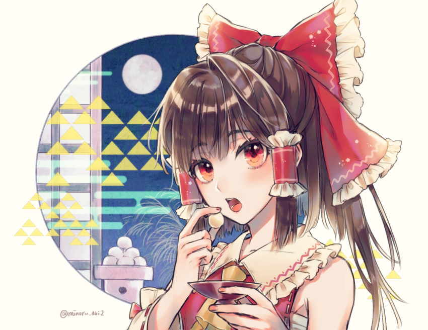 1girl ascot bangs bare_shoulders blush bow brown_eyes brown_hair collarbone commentary_request cup eating eyebrows_visible_through_hair food frilled_bow frilled_hair_tubes frilled_shirt_collar frills full_moon hair_bow hair_intakes hair_tubes hakurei_reimu holding holding_cup holding_food jun2onod long_hair looking_at_viewer moon night night_sky open_mouth red_bow red_vest sakazuki sarashi sidelocks sky solo touhou triforce_print upper_body vest yellow_neckwear