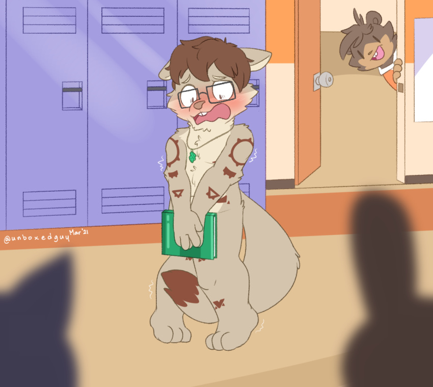 anthro brown_hair covering covering_self dipstick_tail embarrassed exhibitionism exposed eyewear glasses hair humiliation jewelry male mammal markings_(fur) multicolored_tail necklace nude public rodent school sciurid tail_between_legs unboxyguy