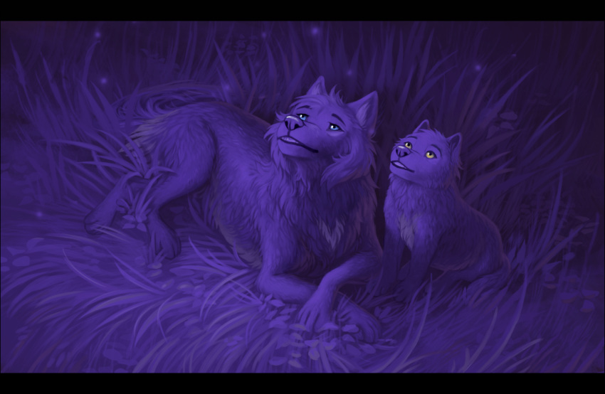 2021 ambiguous_gender black_bars canid canine canis detailed_background digital_media_(artwork) digitigrade duo feral mammal night oneminutesketch outside smile wolf