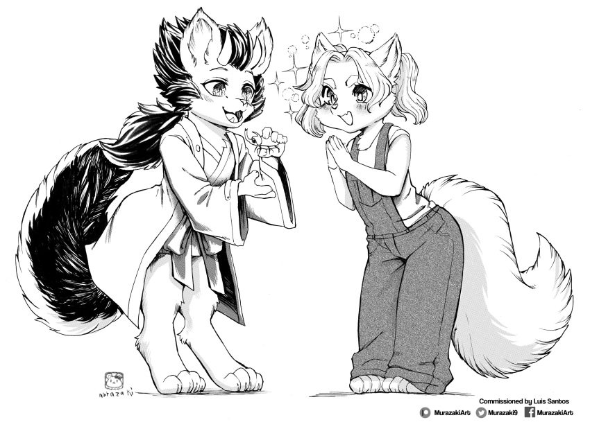 2019 absurd_res anthro biped canid canine chibi clothing digitigrade duo felid feline female greyscale hair hi_res horn magic male mammal monochrome murazaki overalls paws robe sparkles standing