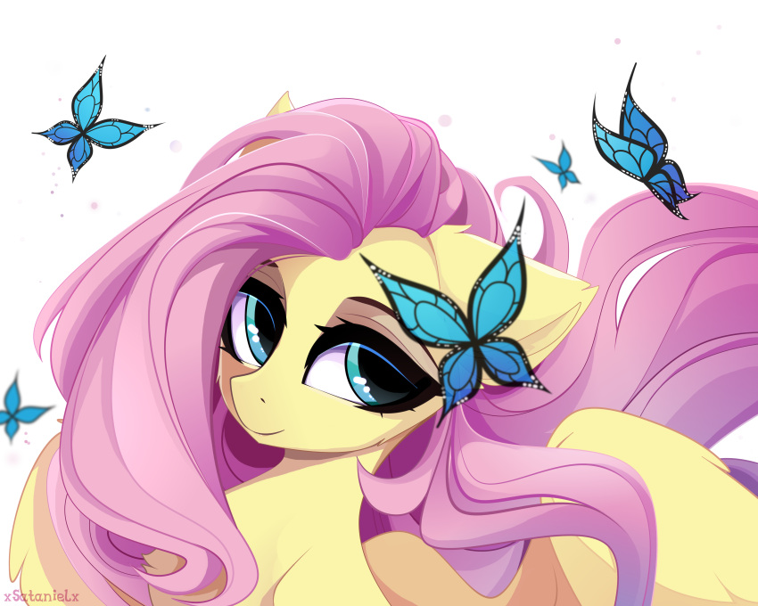 5:4 absurd_res arthropod butterfly equid equine female feral fluttershy_(mlp) friendship_is_magic hair hasbro hi_res insect lepidopteran mammal my_little_pony pegasus pink_hair simple_background smile solo white_background wings xsatanielx yellow_body