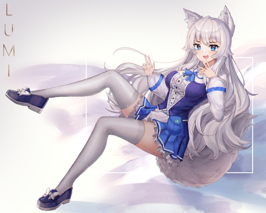 +_+ 1girl absurdres animal_ear_fluff animal_ears bangs blue_eyes blue_skirt character_name dayshiart english_commentary eyebrows_visible_through_hair fang fox_ears fox_girl fox_tail highres indie_virtual_youtuber long_hair lumi_(merryweather) open_hand open_mouth pouch skirt solo tail thighhighs very_long_hair virtual_youtuber white_hair