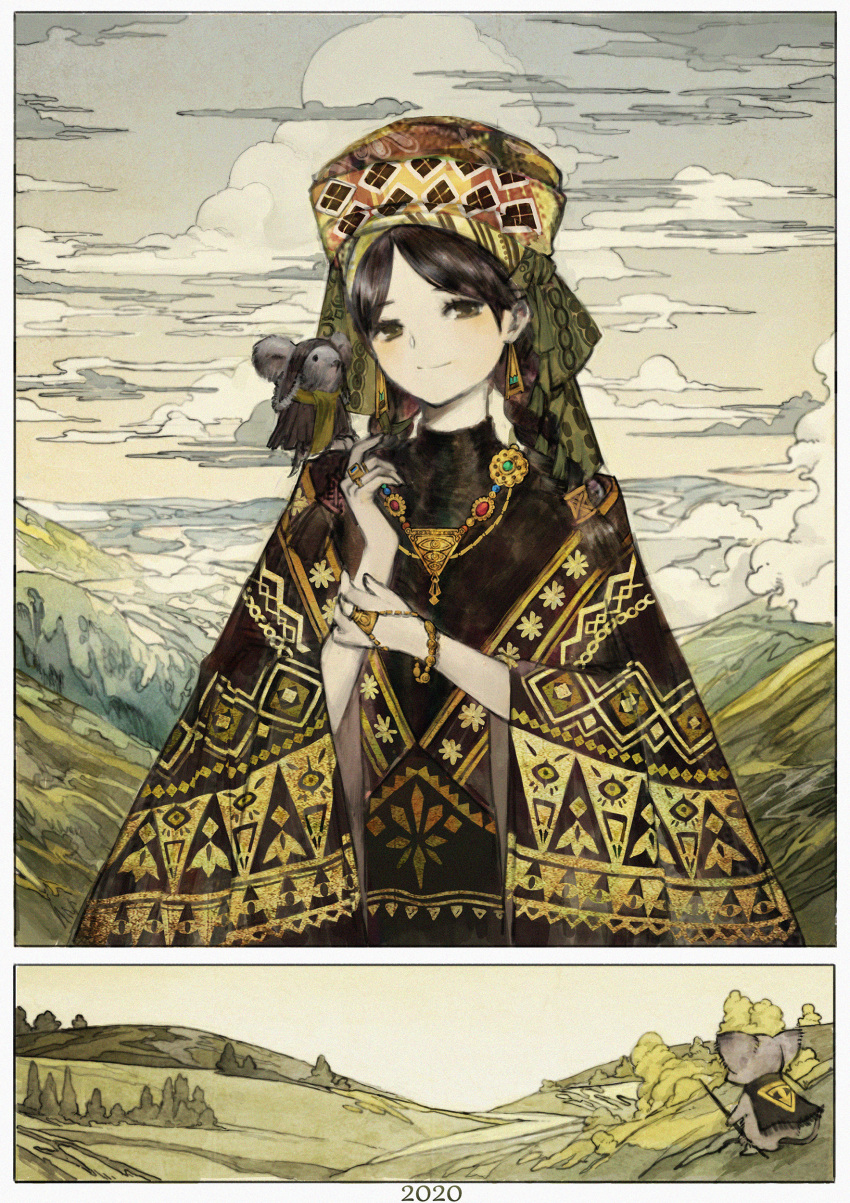 1girl 2020 absurdres baiguiyu black_clothes black_hair chinese_zodiac cloud earrings gold_earrings gold_trim green_eyes happy_new_year headwear highres jewelry looking_at_viewer necklace new_year original rat traditional_clothes year_of_the_rat