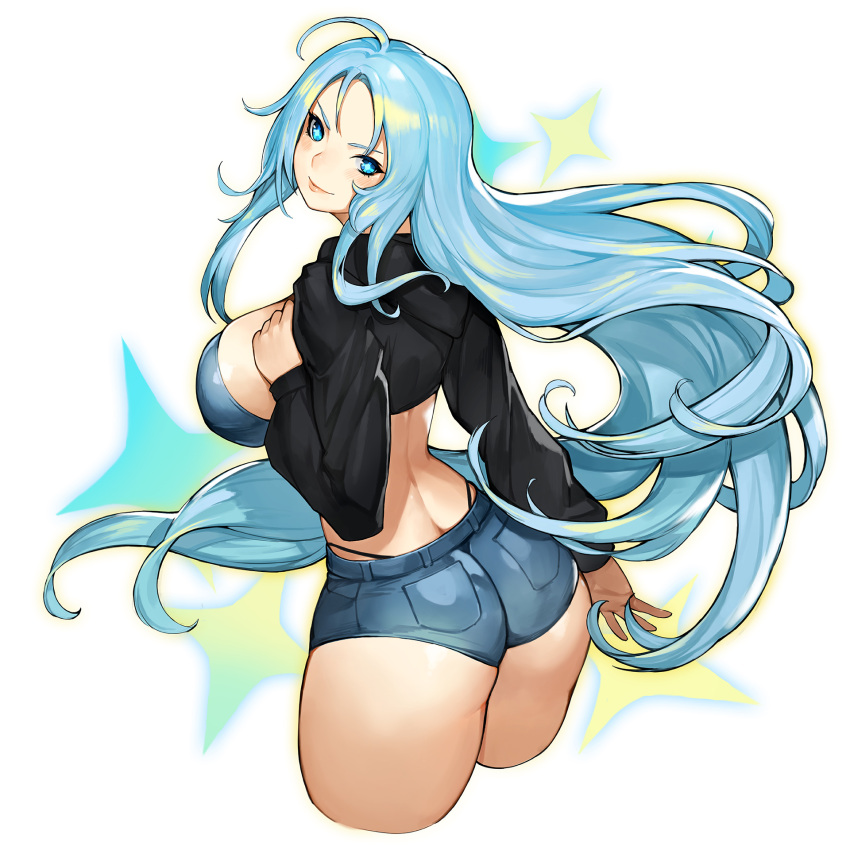 +_+ 1girl ass back black_hoodie black_panties blue_bra blue_eyes blue_hair blue_shorts blush bra breasts cropped_hoodie cropped_legs english_commentary flat_ass forehead gurimjang highleg highleg_panties highres hood hood_down hoodie huge_breasts long_hair original outline panties revealing_clothes short_shorts shorts slender_waist solo thick_thighs thighs turning_head underwear very_long_hair