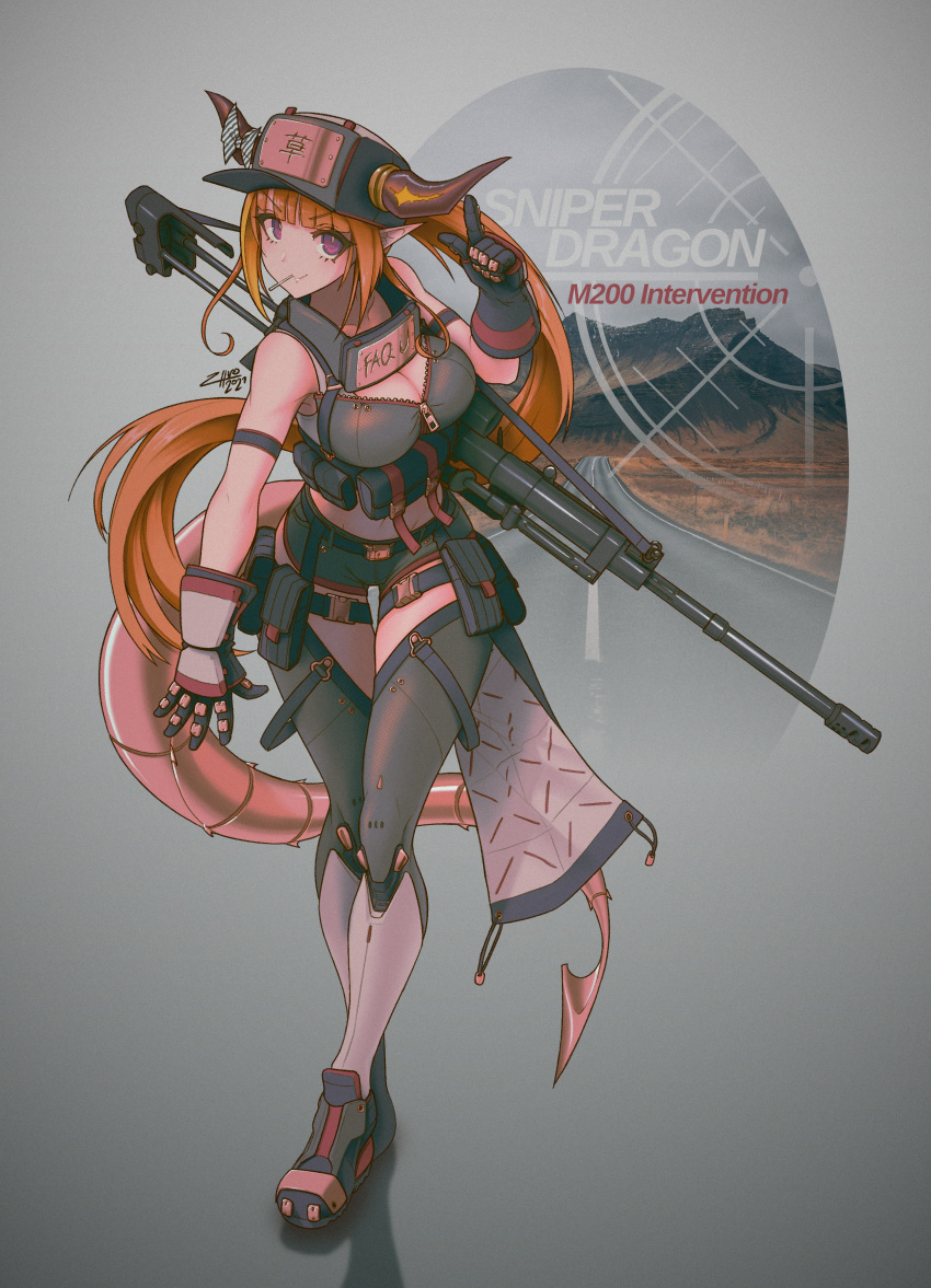 1girl absurdres alternate_costume alternate_hairstyle ankle_boots armor bangs baseball_cap black_gloves blunt_bangs bolt_action boots bow breasts cheytac_m200 cleavage commentary diagonal-striped_bow dragon_girl dragon_horns dragon_tail english_commentary forehead_protector full_body gloves greaves gun hat highres hololive horn_bow horns huge_filesize japanese_armor kiryu_coco kote large_breasts long_hair looking_at_viewer military_operator orange_hair pointy_ears purple_eyes rifle slit_pupils sniper_rifle solo standing strap striped striped_bow tail thigh_gap thigh_pouch thighhighs unzipped very_long_hair virtual_youtuber weapon zhvo
