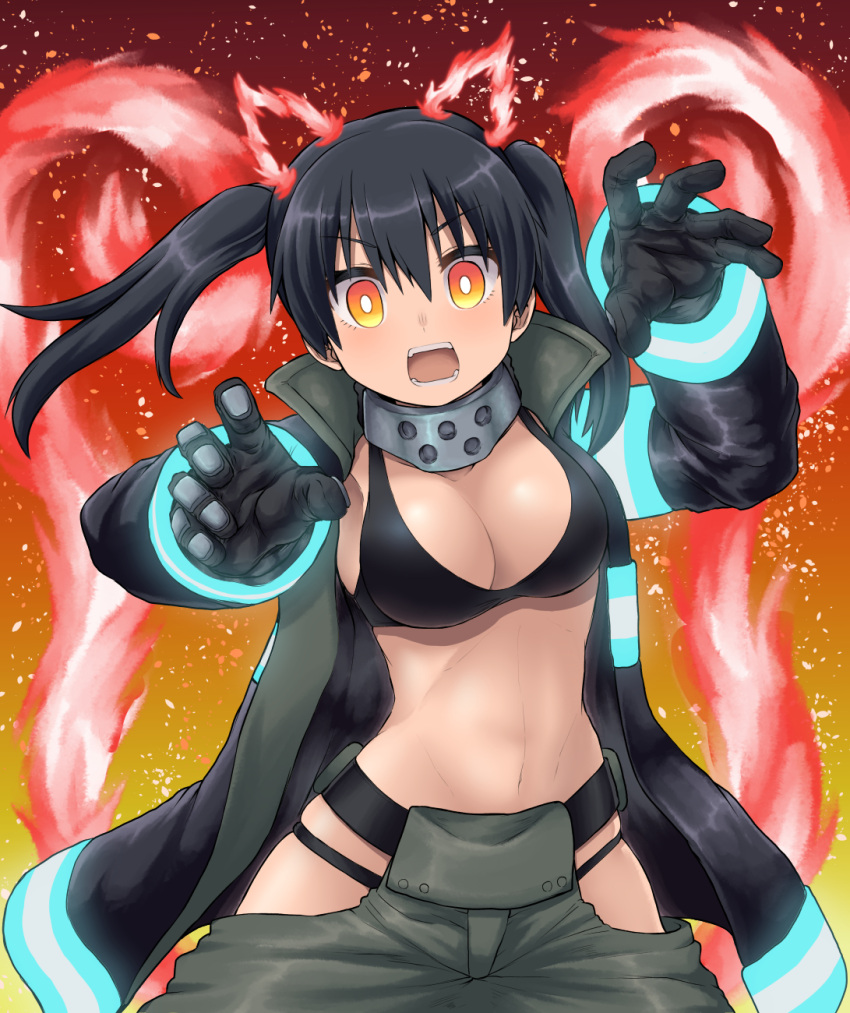 1girl baggy_pants bangs bikini bikini_top black_bikini black_coat black_hair blush breasts cleavage coat collarbone commentary_request cowboy_shot en'en_no_shouboutai eyebrows_visible_through_hair fiery_ears fiery_tail fire gloves gradient gradient_background grey_pants hair_between_eyes hands_up highres hip_vent large_breasts long_hair long_sleeves looking_at_viewer m.m metal_gloves midriff navel open_clothes open_coat open_mouth pants purple_fire sidelocks solo standing swimsuit tail tamaki_kotatsu teeth twintails visor_(armor) yellow_eyes