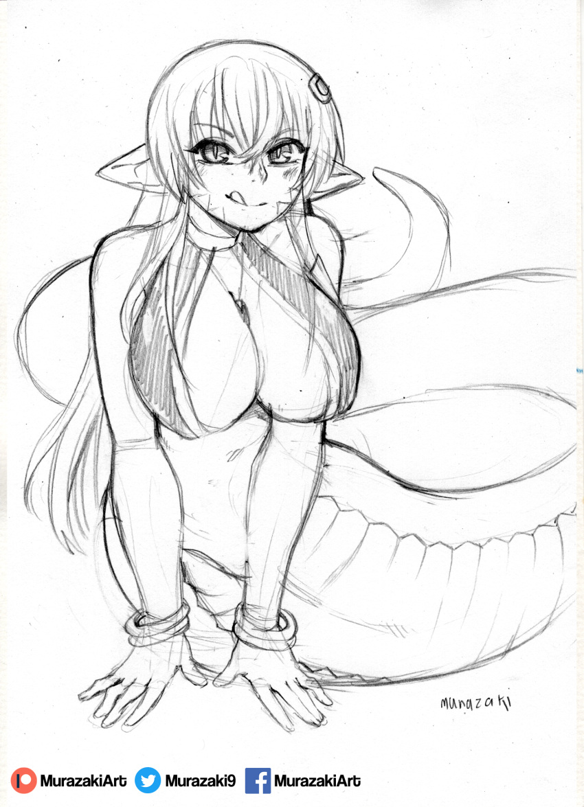 2019 apode big_breasts bracelet breasts clothed clothing draconcopode female hair hi_res humanoid jewelry lamia legless licking licking_lips living_tail looking_at_viewer midriff murazaki reptile scalie serpentine sketch skimpy snake snake_tail solo split_form tongue tongue_out traditional_media_(artwork)