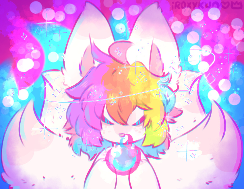 absurd_res ambiguous_gender anthro asian_mythology canid canine conditional_dnp east_asian_mythology fire fox fox_spirit fur hair hi_res hybrid ikitsunyan kitten_(ikitsunyan) lgbt_pride magic mammal mimiff multicolored_hair mythology nonbinary_(lore) pink_body pink_fur pride_colors rainbow solo