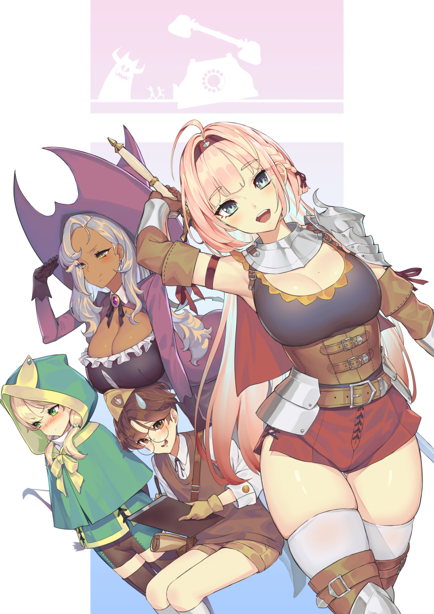 1boy 3girls ahoge armor ass_visible_through_thighs belt belt_buckle blonde_hair blush breasts brown_eyes brown_hair buckle cleavage commentary_request cowboy_shot dark_skin earrings eyebrows_visible_through_hair eyes_visible_through_hair glasses gloves green_eyes grey_eyes hairband hat highres holding holding_sword holding_weapon jewelry large_breasts long_hair looking_at_viewer mole mole_on_breast multiple_girls original pink_hair short_twintails shorts standing suerte sword teeth thighhighs tongue twintails weapon witch_hat yellow_eyes