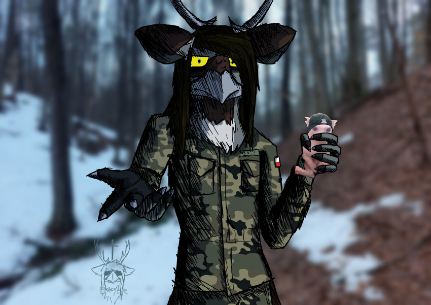 absurd_res anthro antlers avian bajer_(jurij_bajer) beak bingus bird cervid clothed clothing corvid digital_media_(artwork) domestic_cat eurasian_magpie felid feline felis forest gloves hair handwear hi_res holarctic_magpie horn hybrid jurij_bajer long_hair looking_at_viewer magpie_(corvid) male mammal military_uniform oscine passerine photo_background plant solo tree uniform yellow_sclera