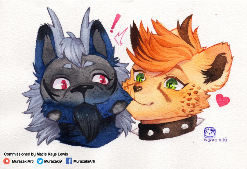 ! &lt;3 2019 ambiguous_gender anthro bite canid canine collar duo facial_hair felid feline fur hair head_tuft hi_res mammal murazaki painting_(artwork) simple_background spiked_collar spikes traditional_media_(artwork) tuft watercolor_(artwork) white_background