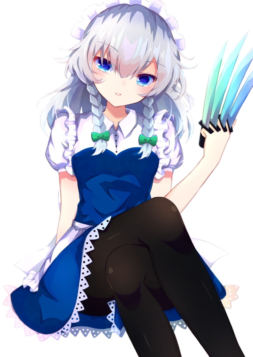 1girl arm_support bangs between_fingers black_legwear blue_dress blue_eyes blush bow braid breasts crossed_legs dress eyebrows_visible_through_hair feet_out_of_frame frills green_bow hair_between_eyes hair_bow hair_ribbon hand_up highres holding holding_knife iridescent izayoi_sakuya knife long_hair looking_at_viewer maid_headdress medium_breasts pantyhose parted_lips puffy_short_sleeves puffy_sleeves ribbon short_sleeves side_braids silver_hair simple_background solo throwing_knife tomoe_(fdhs5855) touhou tress_ribbon twin_braids weapon white_background white_headwear wing_collar