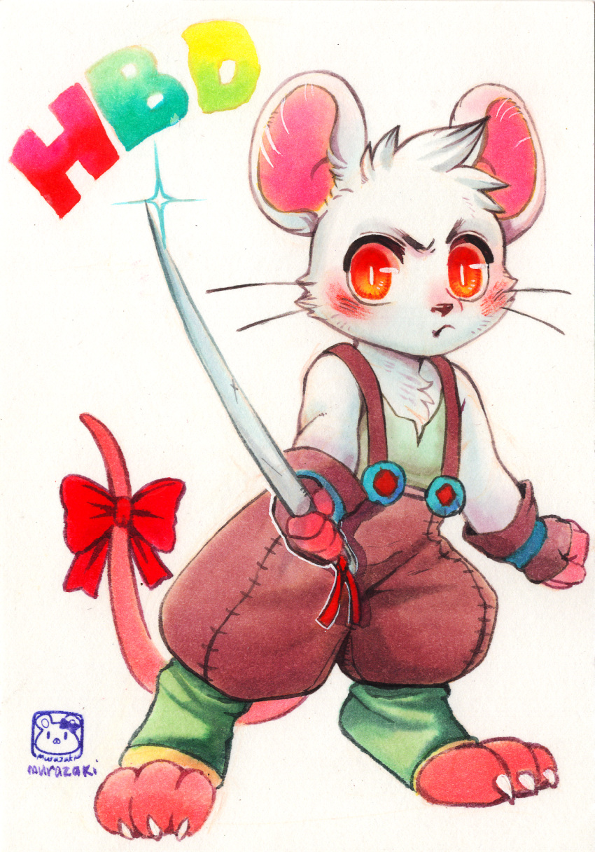 2019 anthro biped blush chibi clothing digitigrade english_text head_tuft hi_res holding_object holding_weapon jodhpurs looking_at_viewer male mammal melee_weapon mouse murazaki murid murine overalls painting_(artwork) paws rodent simple_background solo sword text traditional_media_(artwork) tuft watercolor_(artwork) weapon white_background