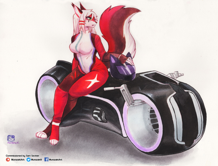 2019 absurd_res anthro biped bodysuit breasts canid canine clothing female fluffy fluffy_tail fur futuristic hair hi_res looking_away mammal motorcycle motorcycle_helmet murazaki painting_(artwork) paws simple_background sitting skinsuit solo tight_clothing traditional_media_(artwork) vehicle watercolor_(artwork) white_background