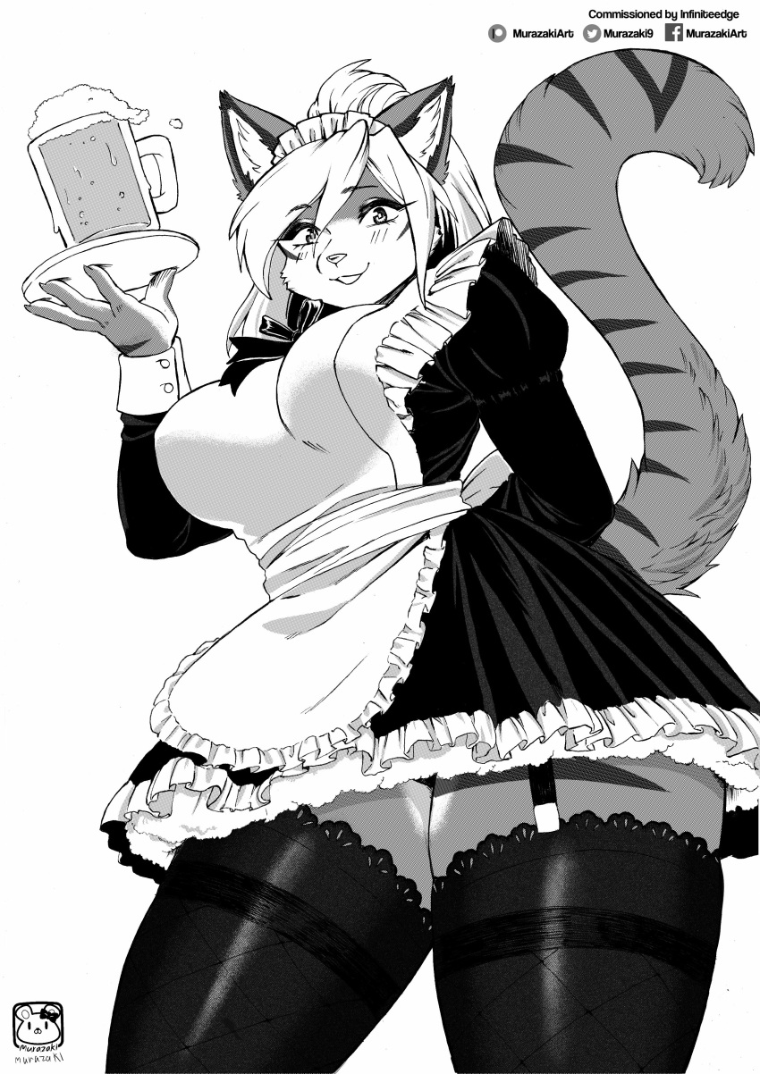 2020 absurd_res anthro beverage big_breasts biped blush breasts clothing felid feline female fur garter_straps greyscale hair hi_res holding_beverage holding_object legwear looking_at_viewer looking_down low-angle_view maid_uniform mammal monochrome murazaki open_mouth simple_background smile solo stockings thick_thighs thigh_highs uniform white_background wide_hips