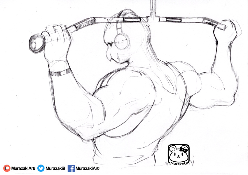 2019 anthro avian beak bird clothing exercise headphones hi_res invalid_tag male murazaki muscular muscular_anthro muscular_male rear_view shirt simple_background sketch solo tank_top topwear traditional_media_(artwork) white_background