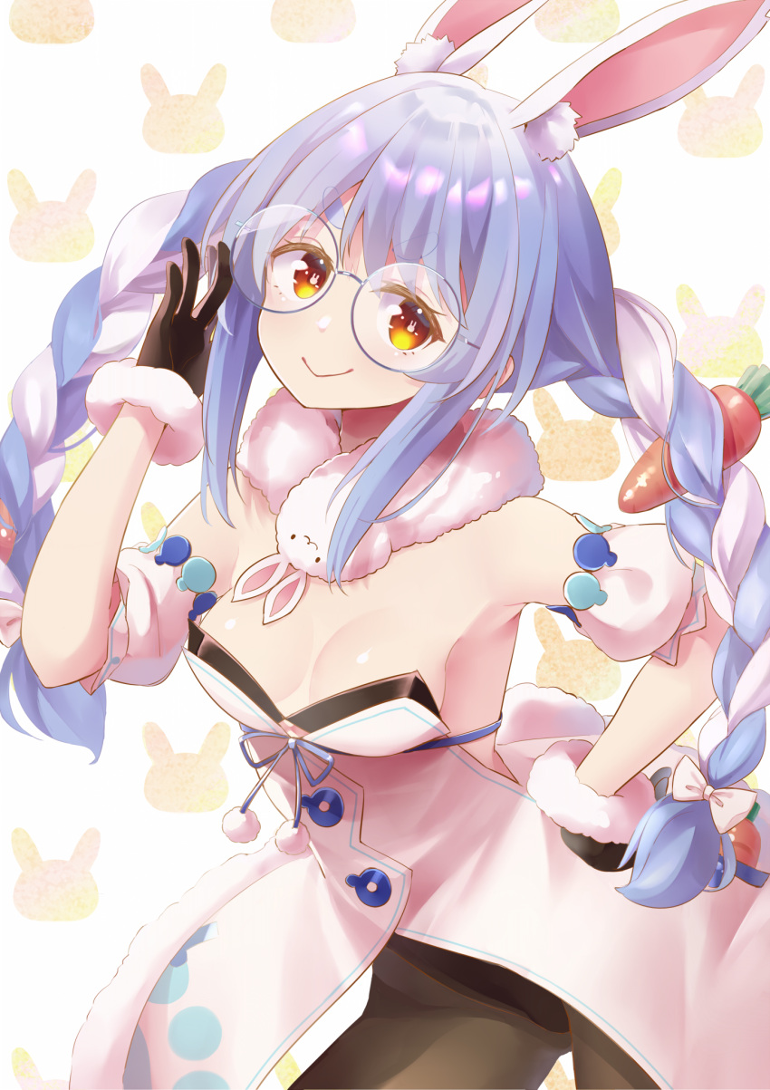 1girl animal_ears bespectacled black_legwear blue_hair braid breasts bunny-shaped_pupils bunny_ears bunny_tail carrot carrot_hair_ornament cleavage detached_sleeves eyebrows_visible_through_hair food_themed_hair_ornament fur-trimmed_gloves fur_scarf fur_trim glasses gloves hair_ornament highres hikimayu hololive looking_at_viewer multicolored_hair orange_eyes pantyhose small_breasts smile strapless_coat tail twin_braids two-tone_hair usada_pekora virtual_youtuber wabisuke0722
