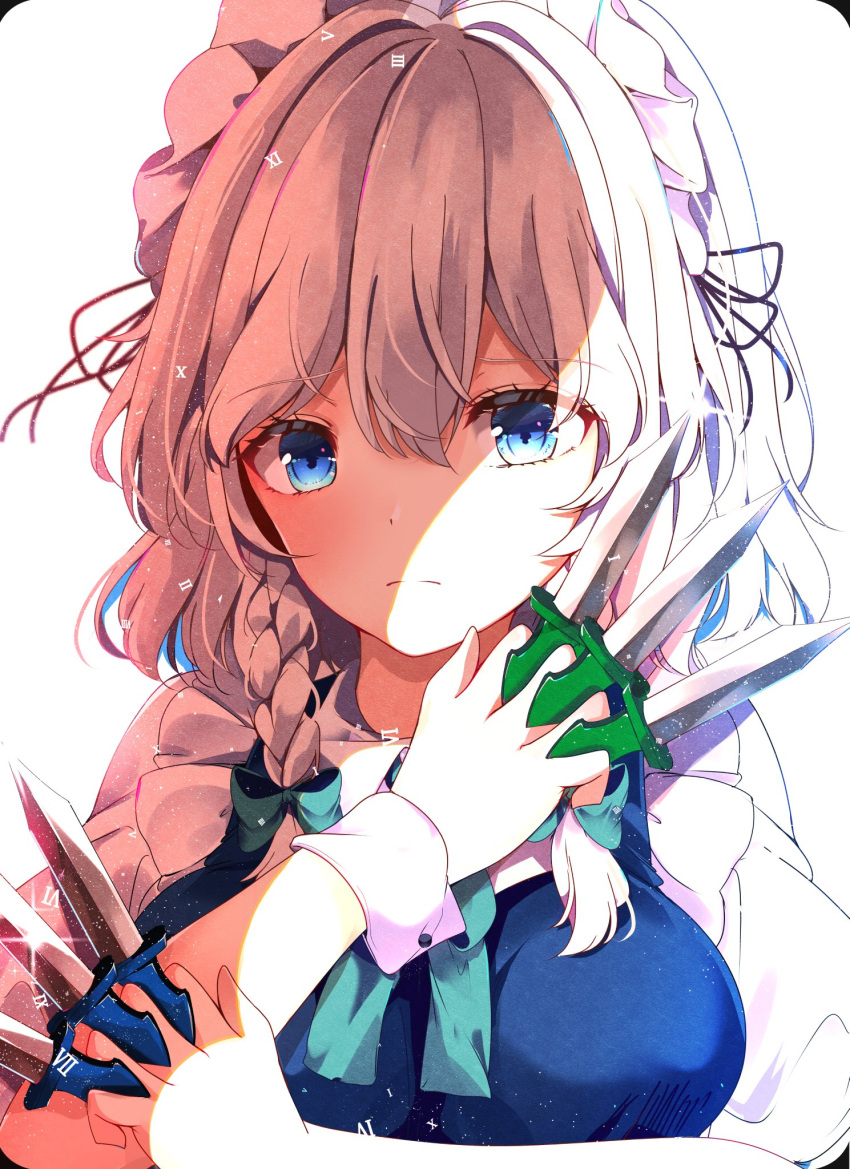 1girl aqua_bow bangs blue_dress blue_eyes bow braid breasts commentary dress dual_wielding eyebrows_visible_through_hair hair_bow hands_up highres holding holding_knife hunya izayoi_sakuya knife looking_at_viewer maid_headdress medium_breasts short_sleeves silver_hair solo throwing_knife touhou twin_braids weapon wrist_cuffs