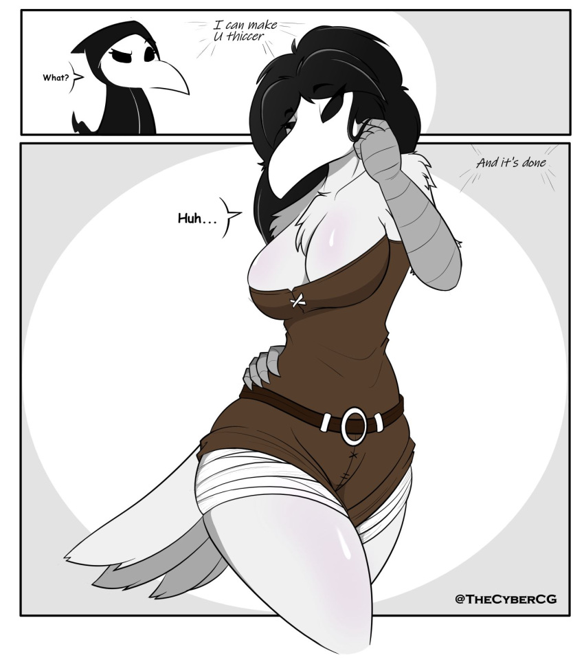 animal_mask anthro avian beak_mask big_breasts black_hair breasts chest_tuft cleavage clothed clothing comic curvy_figure dialogue english_text expansion female hair hi_res ingrid_(harry_amoros) mask plague_doctor robe solo text thecybercg thick_thighs tuft