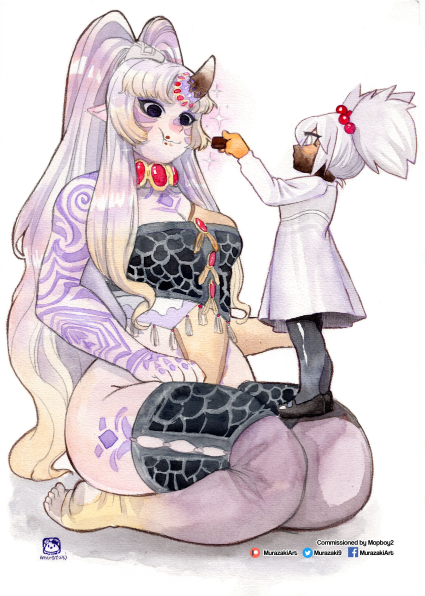 2019 absurd_res animal_humanoid big_breasts breasts clothing duo feeding female food hair hi_res horn human humanoid jewelry legwear long_hair looking_down mammal murazaki necklace painting_(artwork) ponytail simple_background sitting size_difference smile stockings thick_thighs topwear traditional_media_(artwork) tube_top watercolor_(artwork) white_background white_hair wide_hips