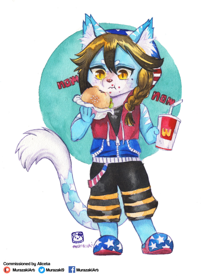 2019 abstract_background absurd_res anthro beverage biped burger canid canine chibi clothed clothing crumbs eating food fully_clothed hair hi_res inner_ear_fluff looking_down male mammal murazaki painting_(artwork) pigtails solo standing traditional_media_(artwork) tuft watercolor_(artwork) wcdonalds