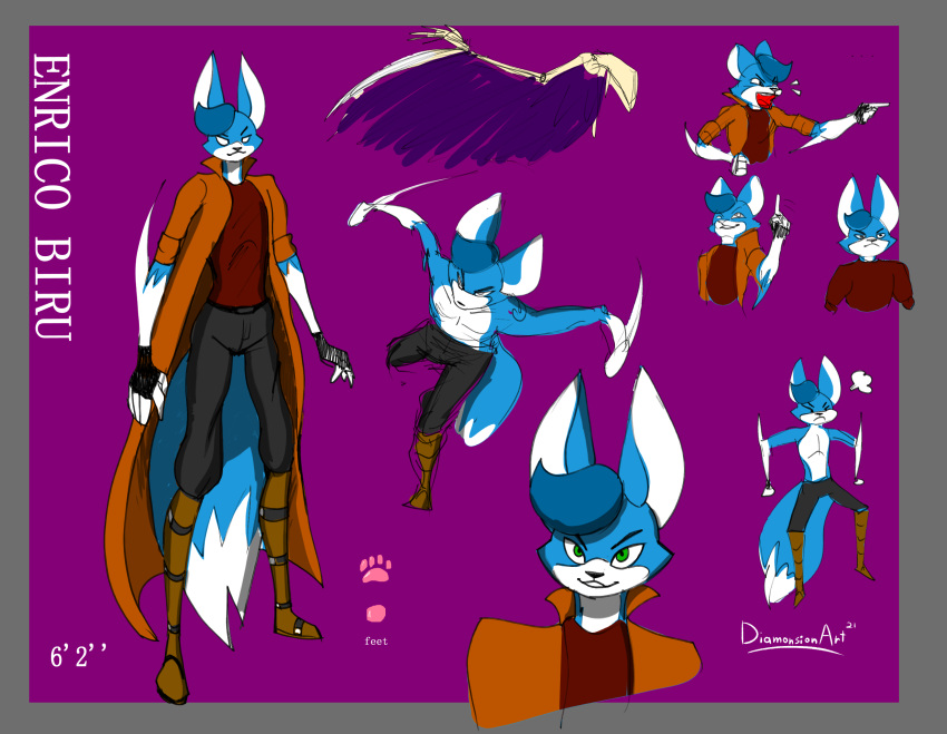 alien angry anthro big_ears biru_(diamonsion) blade blade_arm canid canine clothed clothing diamonsion digital_media_(artwork) fox fur hair hi_res looking_at_viewer male mammal model_sheet open_mouth simple_background smile solo wings