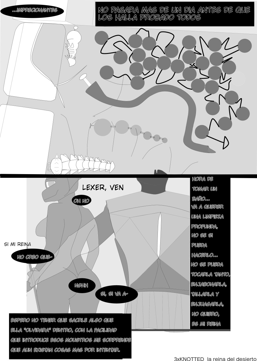 3xknotted absurd_res anal_beads anthro anubian_jackal armor bed_sheet bedding bedroom butt canid canine canis casual_exposure clothing comic dildo female flat_colors greyscale group guards hi_res hybrid jackal komodo_dragon lexer_(3xknotted) lizard long_dildo male male/female mammal manga monitor_lizard monochrome queen reptile royalty scalie sex_toy sex_toy_backgroundtext shirt solo_focus spiked_dildo spikes tank_top tattoo text text_on_clothing text_on_shirt text_on_tank_top text_on_topwear topwear translation_request