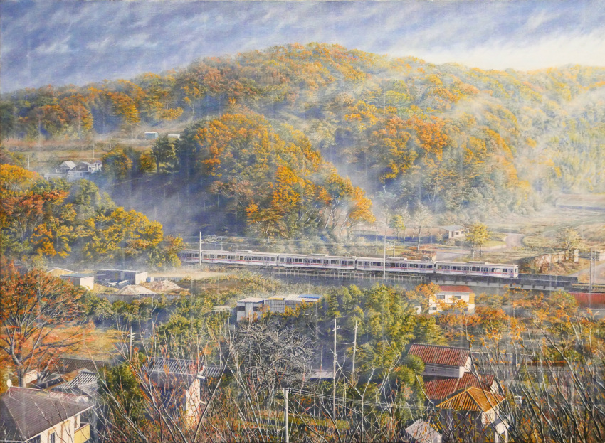 absurdres akashi_kaikyou autumn autumn_leaves bare_tree canvas_(medium) cloud commentary fog ground_vehicle highres hill house landscape no_humans oil_painting_(medium) original power_lines railroad_tracks rain real_world_location road rural scenery sky texture town traditional_media train tree utility_pole