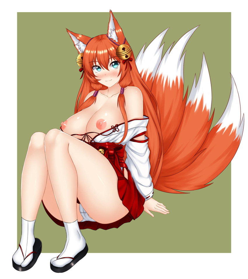 animal_ears breasts cameltoe cysh keshigomu kitsune miko nipples no_bra open_shirt pantsu tail