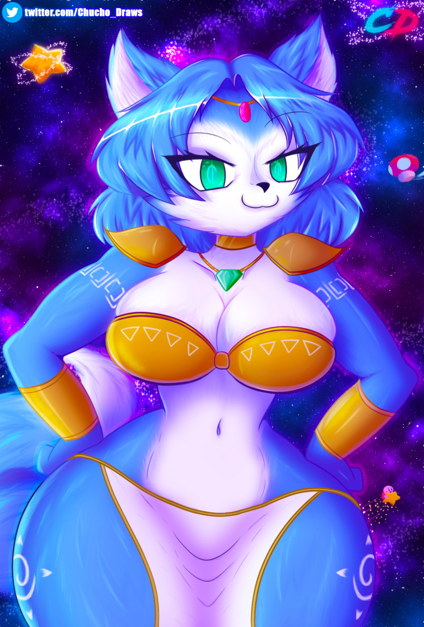 anthro blue_body blue_fur blue_hair bottomwear breasts canid canine chuchodraws clothed clothing female fox fur hair hi_res kirby kirby_(series) krystal looking_at_viewer mammal nintendo simple_background solo star_fox thick_thighs topwear video_games white_body white_fur