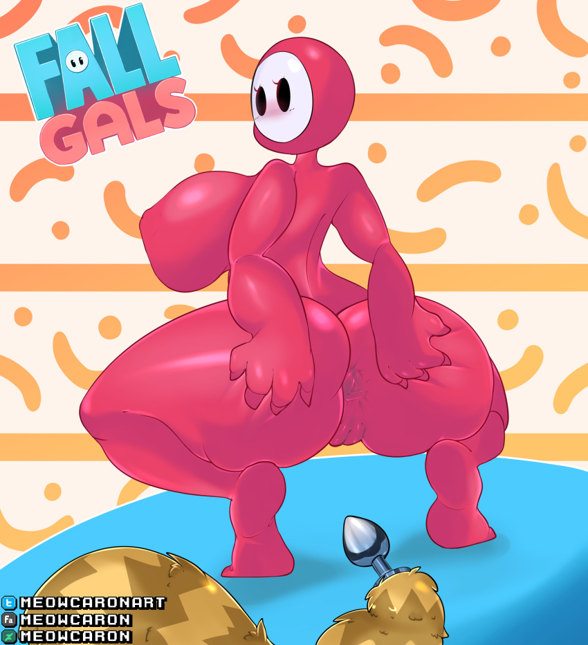 absurd_res anus_outline big_breasts blush breasts butt buttplug buttplug_tail camel_toe crouching fake_tail fall_guy fall_guys female hi_res holding_butt meowcaron mouthless not_furry sex_toy solo spread_butt spreading video_games