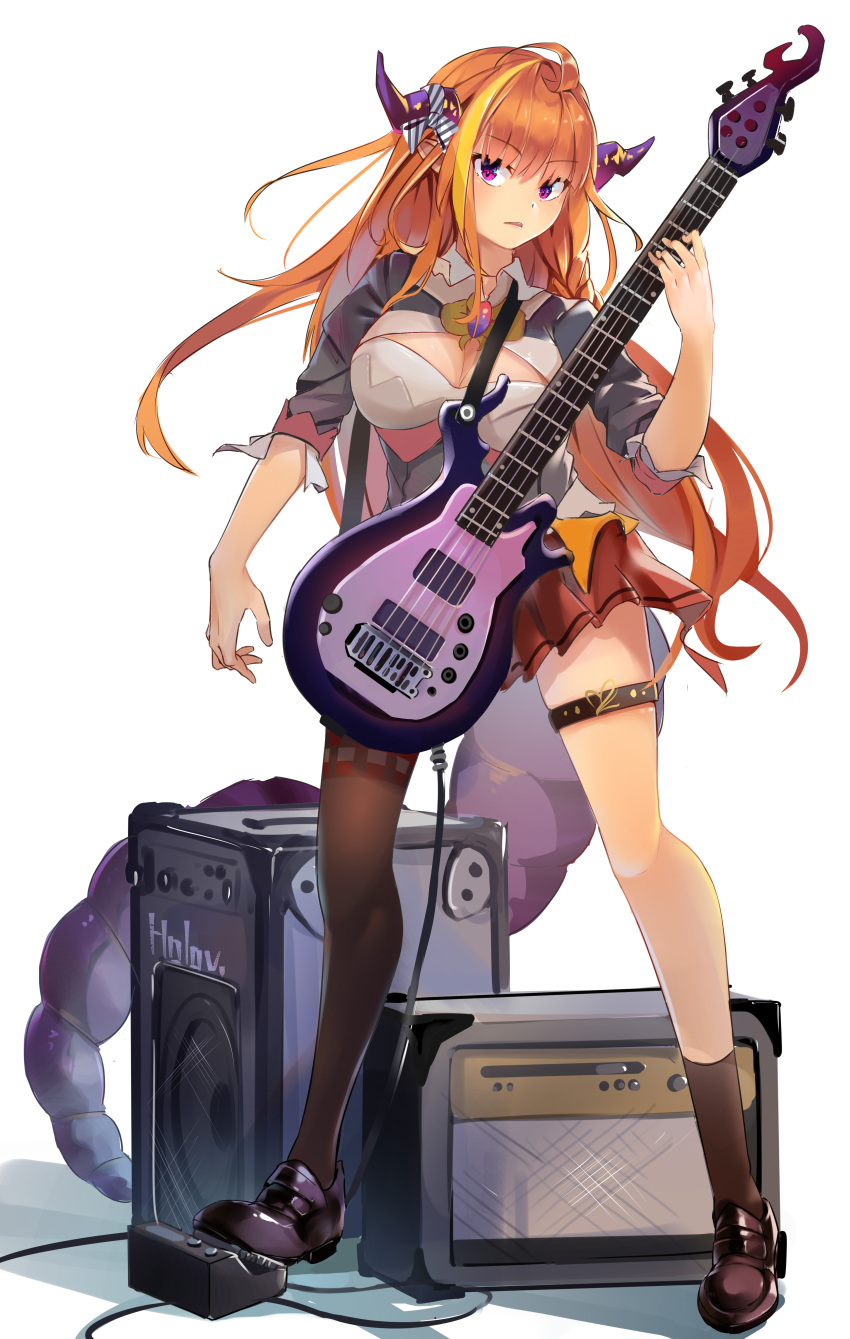 1girl absurdres ahoge amplifier_(instrument) asymmetrical_legwear bangs barrier_mao black_jacket blonde_hair bow braid breasts brooch brown_footwear cable cleavage cleavage_cutout clothing_cutout collared_shirt commentary_request diagonal-striped_bow dragon_girl dragon_horns dragon_tail dragon_wings effects_pedal electric_guitar full_body gem guitar highlights highres holding holding_instrument hololive horn_bow horns instrument jacket jewelry kiryu_coco long_hair looking_at_viewer medium_breasts miniskirt multicolored_hair orange_hair parted_lips pleated_skirt pointy_ears purple_eyes red_skirt scales shirt shoes side_braid sidelocks simple_background single_braid single_thighhigh skirt solo speaker standing streaked_hair striped striped_bow tail thigh_strap thighhighs virtual_youtuber white_background white_shirt wings