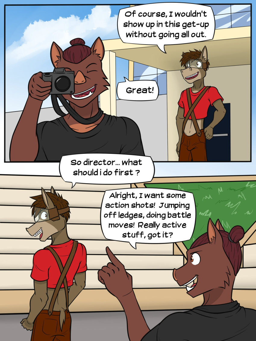 anthro asinus braces clothed clothing comic cosplay crop_top dialogue donkey duo english_text equid equine fully_clothed fuze hi_res holding_camera holding_object hotel jacques_(fuze) jorge_san_nicolas male mammal midriff navel outside shirt suid suina sus_(pig) t-shirt texnatsu text topwear visor wild_boar