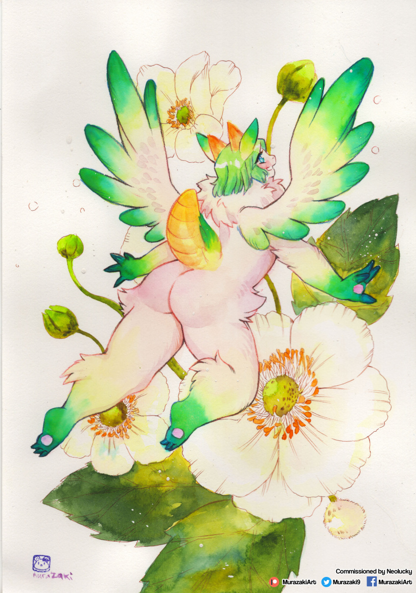 2020 absurd_res ambiguous_gender anthro biped blush butt flower fur hair hi_res horn looking_back murazaki nude painting_(artwork) plant raised_tail rear_view simple_background smile solo traditional_media_(artwork) watercolor_(artwork) white_background wings